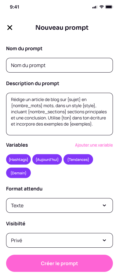 Écran de création d'un prompt avec ses variables