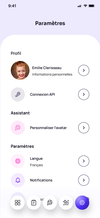 Écran des paramètres de Plan'It avec la connexion API