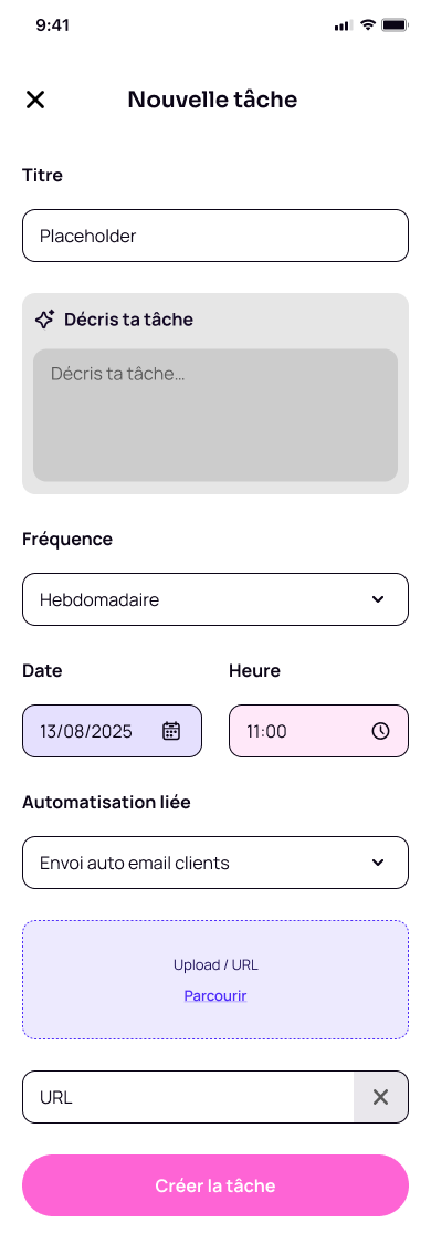 Écran de création d'une routine : fréquence, date et automatisation liée