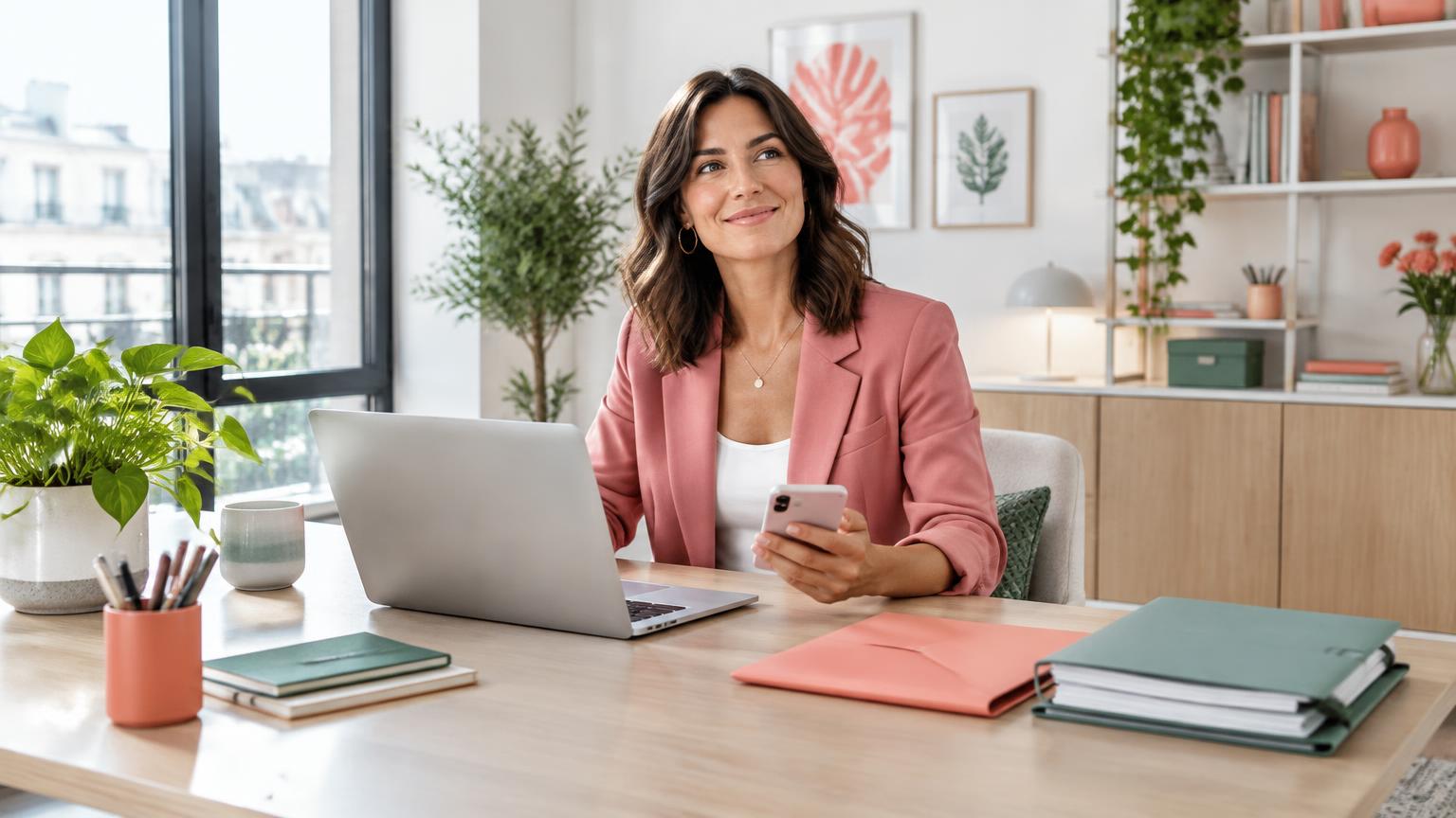 Illustration générée : une professionnelle dans son bureau, téléphone en main à côté de son ordinateur